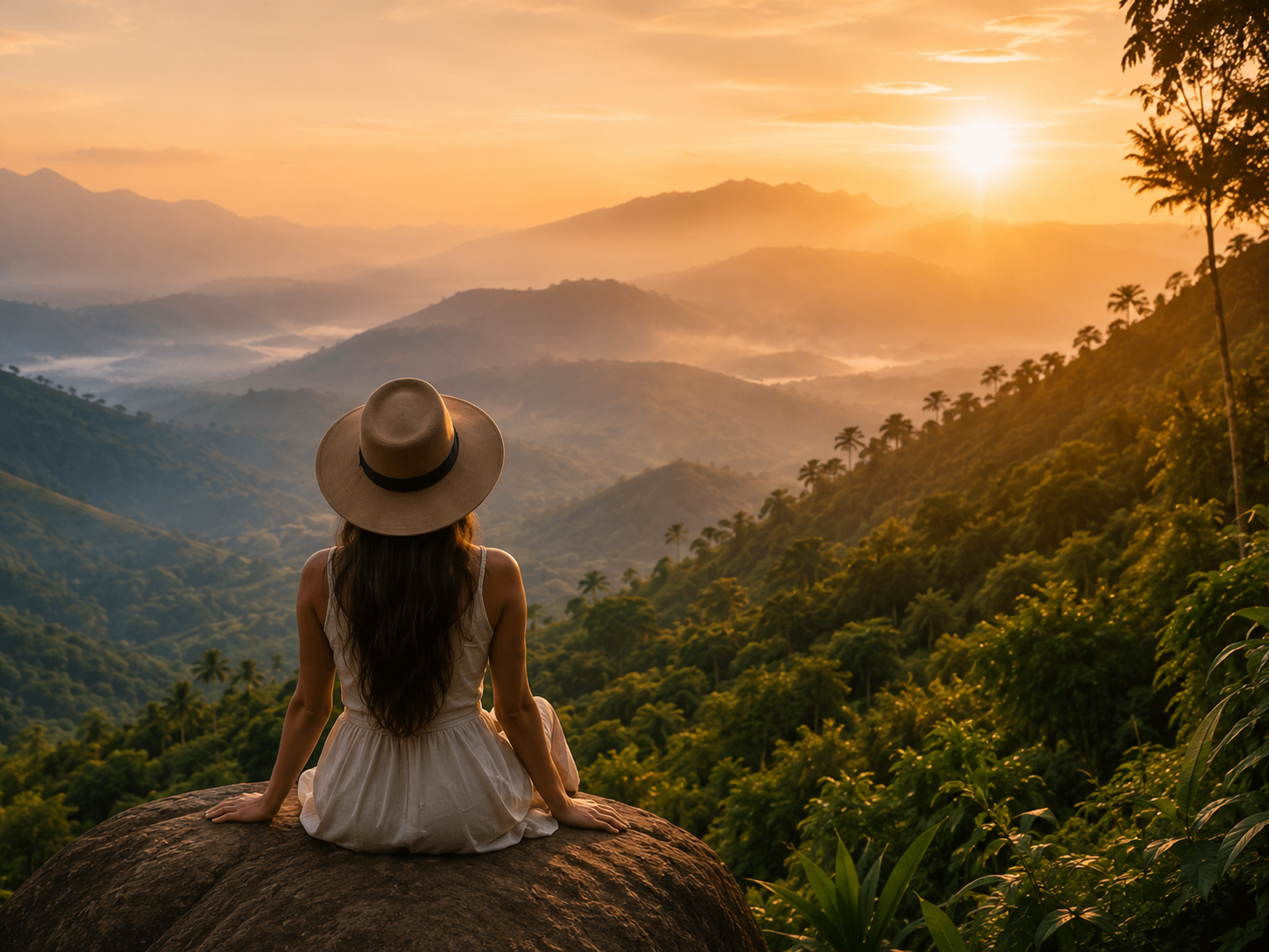 Traveler overlooking the hills at sunset