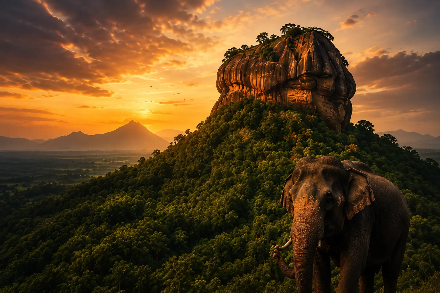 Sigiriya rock at sunset with elephant